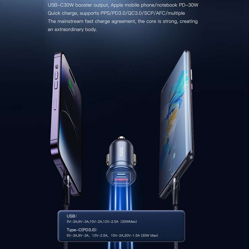 TOTUDESIGN 30W Car Fast Charging, Interface:USB-C / Type-C + USB-C / Type-C