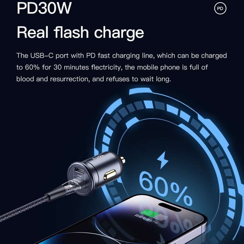 TOTUDESIGN 30W Car Fast Charging, Interface:USB-C / Type-C + USB-C / Type-C