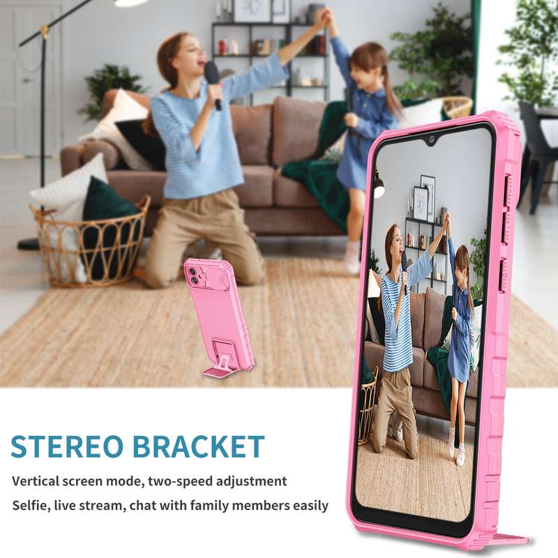 For Samsung Galaxy A04 4G Stereoscopic Holder Sliding Camshield Phone Case(Pink)