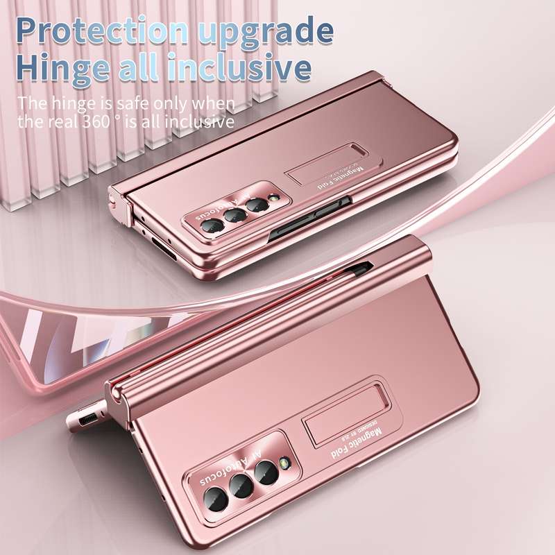 For Samsung Galaxy Z Fold4 Electroplating Corrugated Hinge Folding Phone Case with Pen Slot(Pink)