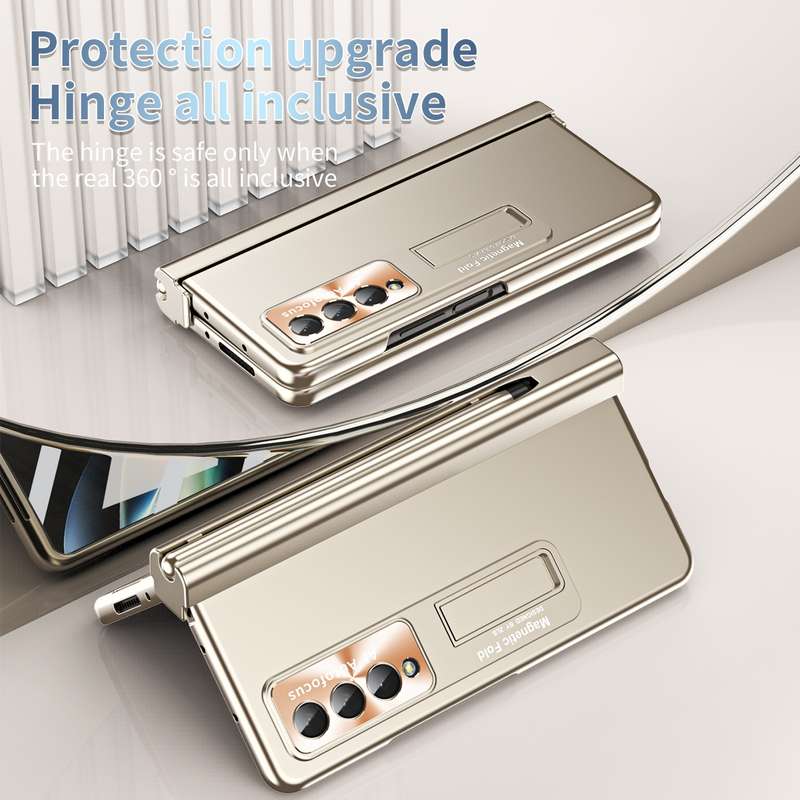 For Samsung Galaxy Z Fold4 Electroplating Corrugated Hinge Folding Phone Case with Pen Slot(Pink)