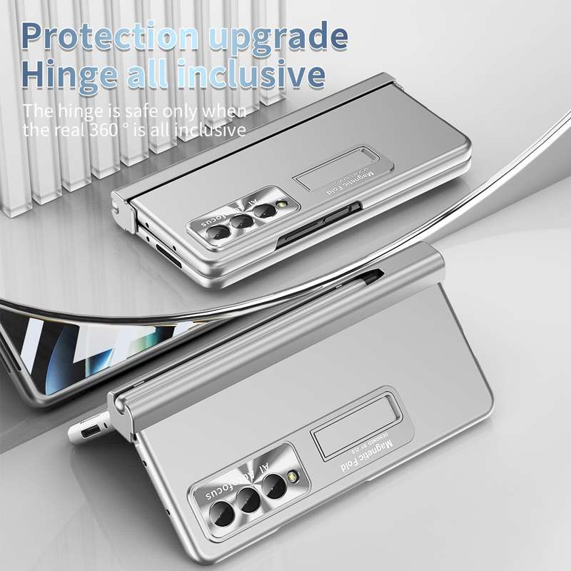For Samsung Galaxy Z Fold4 Electroplating Corrugated Hinge Folding Phone Case with Pen Slot(Pink)