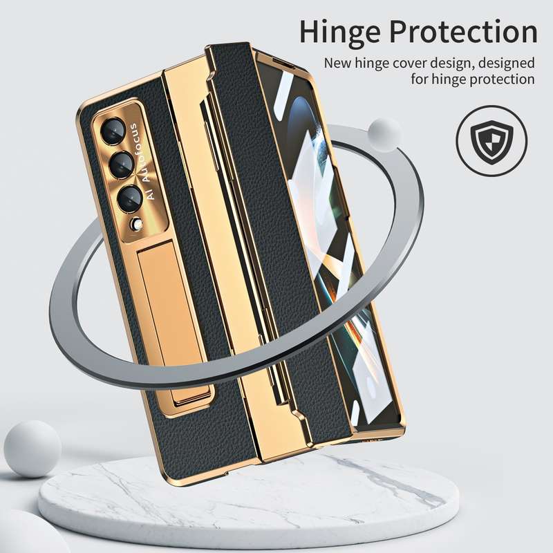 For Samsung Galaxy Z Fold4 Integrated Full Coverage Phone Case with Hinge(Gold+Pink)