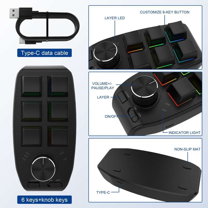Bluetooth Wireless RGB Custom Mechanical KeyBoard 6 Keys 1 Knob Programming Gaming Keypad(Black)