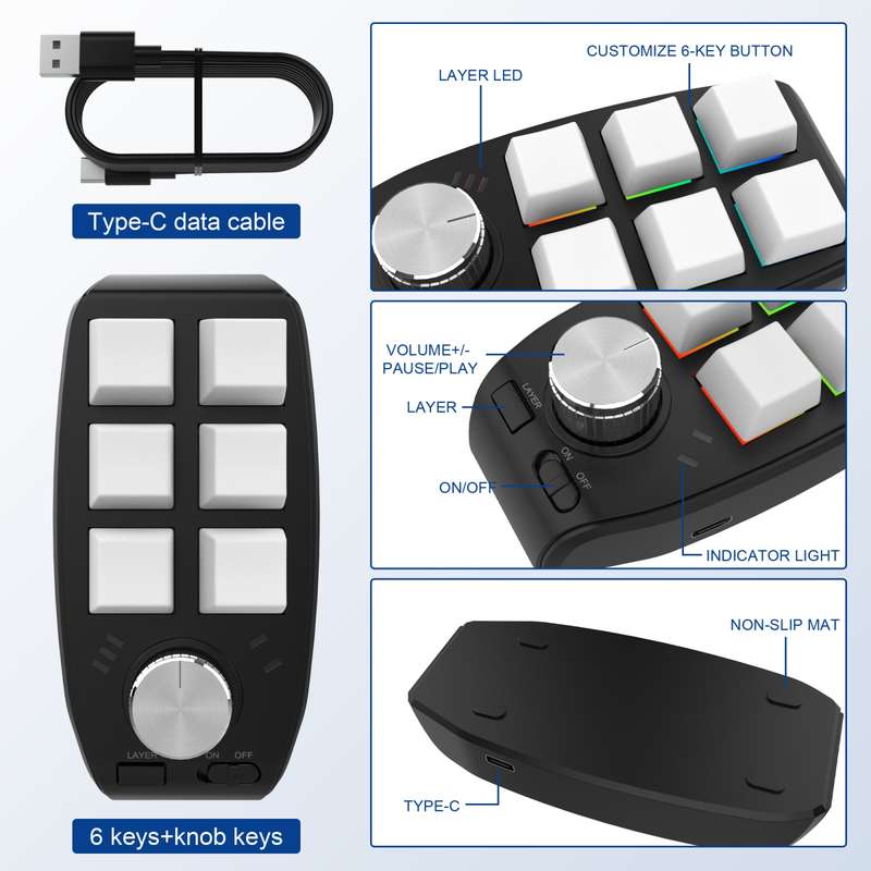 Bluetooth Wireless RGB Custom Mechanical KeyBoard 6 Keys 1 Knob Programming Gaming Keypad(Black)