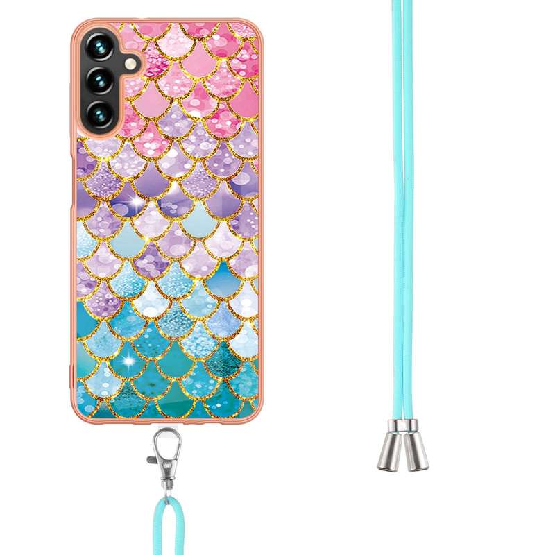 For Samsung Galaxy A14 5G Electroplating IMD TPU Phone Case with Lanyard(White Marble)