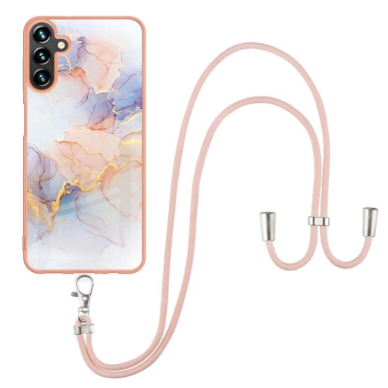 For Samsung Galaxy A14 5G Electroplating IMD TPU Phone Case with Lanyard(White Marble)