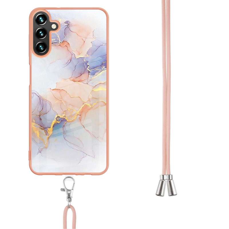 For Samsung Galaxy A14 5G Electroplating IMD TPU Phone Case with Lanyard(White Marble)