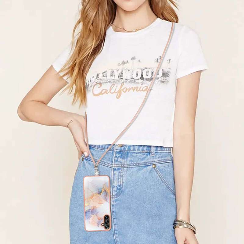 For Samsung Galaxy A14 5G Electroplating IMD TPU Phone Case with Lanyard(White Marble)