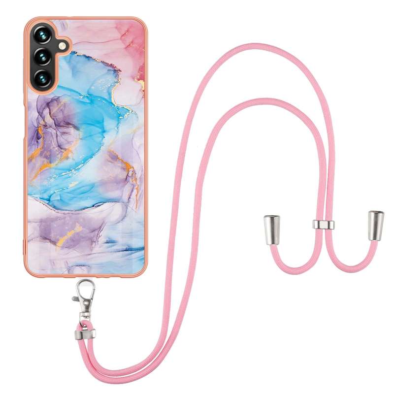 For Samsung Galaxy A14 5G Electroplating IMD TPU Phone Case with Lanyard(White Marble)