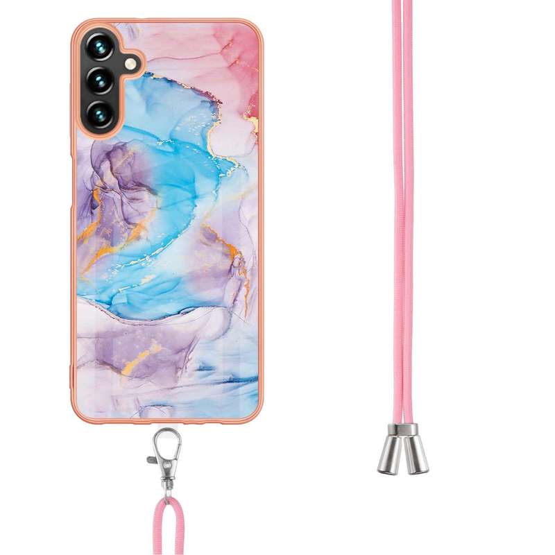 For Samsung Galaxy A14 5G Electroplating IMD TPU Phone Case with Lanyard(White Marble)