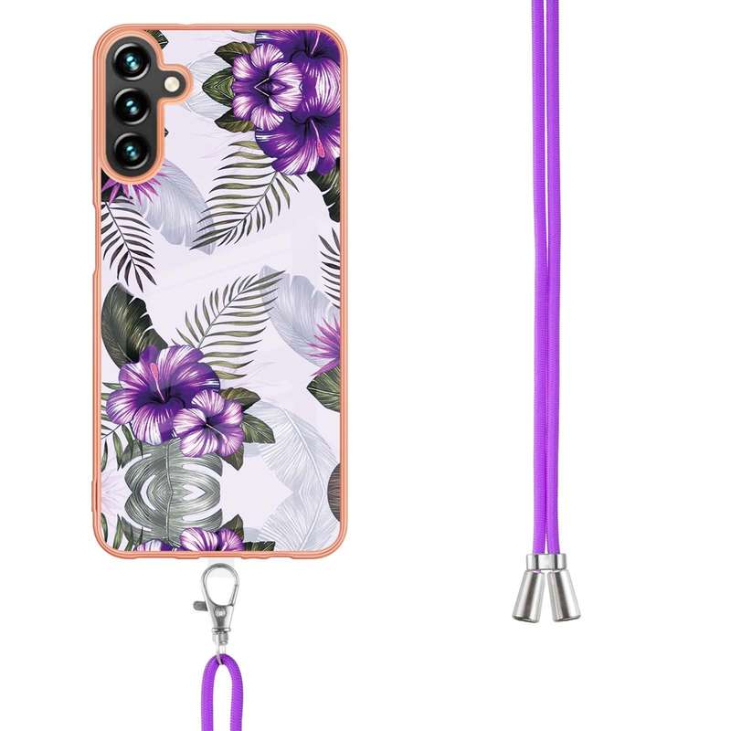 For Samsung Galaxy A14 5G Electroplating IMD TPU Phone Case with Lanyard(White Marble)