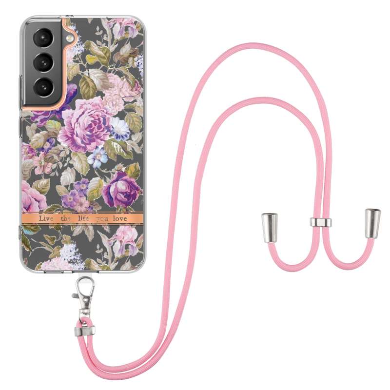 For Samsung Galaxy S23 5G Flowers and Plants Series IMD TPU Phone Case with Lanyard(Green Gardenia)