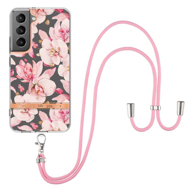 For Samsung Galaxy S23 5G Flowers and Plants Series IMD TPU Phone Case with Lanyard(Green Gardenia)