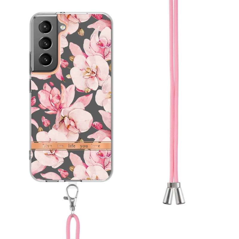 For Samsung Galaxy S23 5G Flowers and Plants Series IMD TPU Phone Case with Lanyard(Green Gardenia)