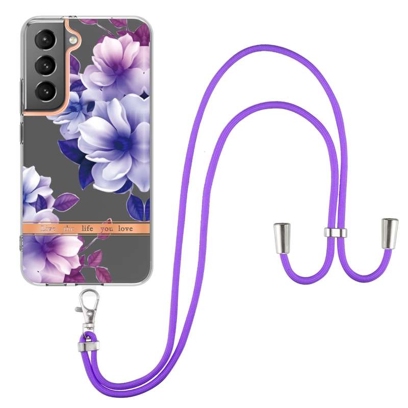 For Samsung Galaxy S23 5G Flowers and Plants Series IMD TPU Phone Case with Lanyard(Green Gardenia)
