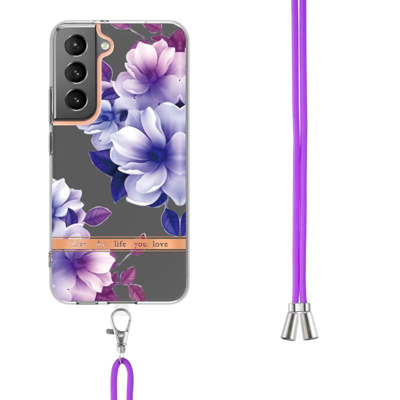 For Samsung Galaxy S23 5G Flowers and Plants Series IMD TPU Phone Case with Lanyard(Green Gardenia)