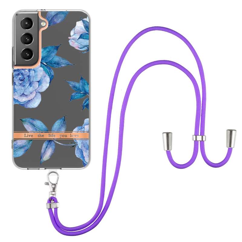 For Samsung Galaxy S23 5G Flowers and Plants Series IMD TPU Phone Case with Lanyard(Green Gardenia)