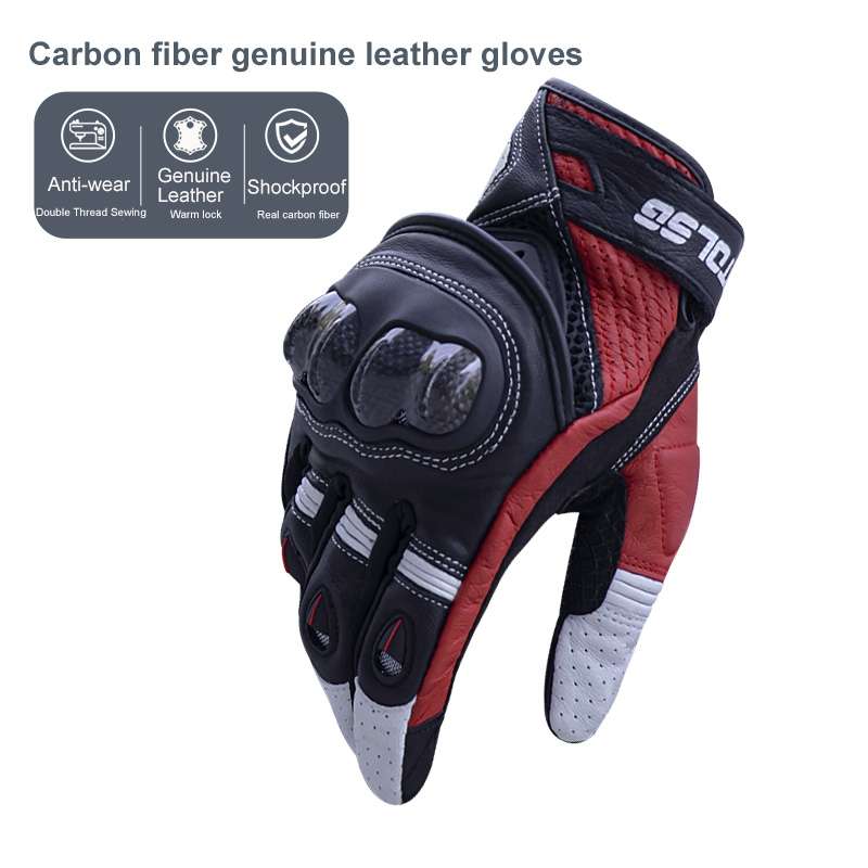 One Pair Genuine Leather Motorcycle Gloves with Carbon Fiber Hard Knuckle Touch Screen, Size:XL(Blac
