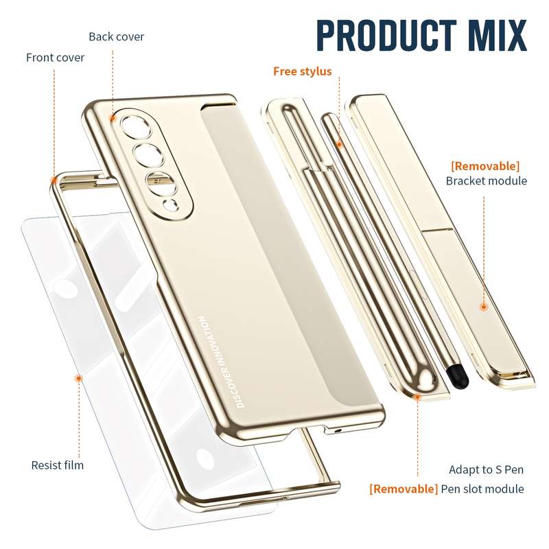For Samsung Galaxy Z Fold4 2 in 1 Detachable PC Folding Phone Case with Holder & Pen Slot(Gold)