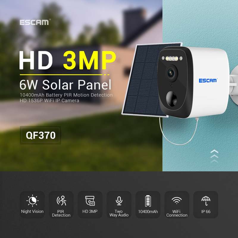 ESCAM QF370 3MP Cloud Storage PT WIFI Solar Panel IP Camera with PIR Alarm Support Night Vision & Tw