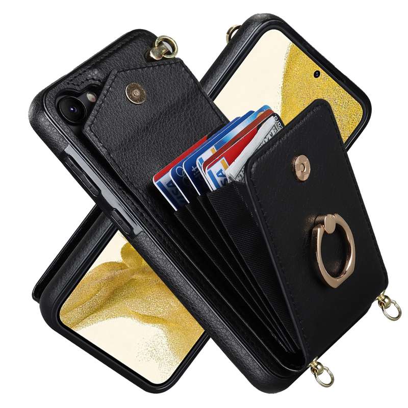 For Samsung Galaxy S22 5G Ring Holder RFID Card Slot Phone Case with Long Lanyard(Beige)
