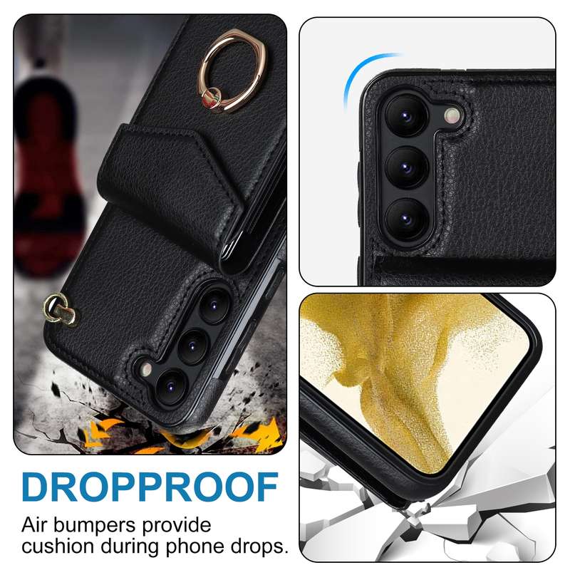 For Samsung Galaxy S22 5G Ring Holder RFID Card Slot Phone Case with Long Lanyard(Beige)