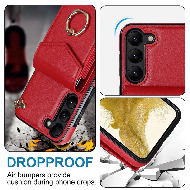 For Samsung Galaxy S22 5G Ring Holder RFID Card Slot Phone Case with Long Lanyard(Beige)