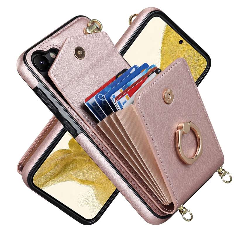 For Samsung Galaxy S22 5G Ring Holder RFID Card Slot Phone Case with Long Lanyard(Beige)