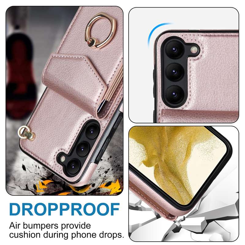 For Samsung Galaxy S22 5G Ring Holder RFID Card Slot Phone Case with Long Lanyard(Beige)