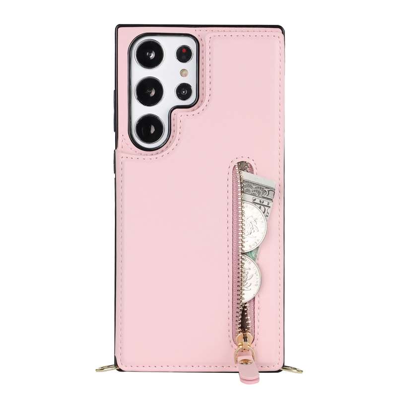 For Samsung Galaxy S23 Ultra 5G Cross-body Zipper Square Phone Case(Pink)