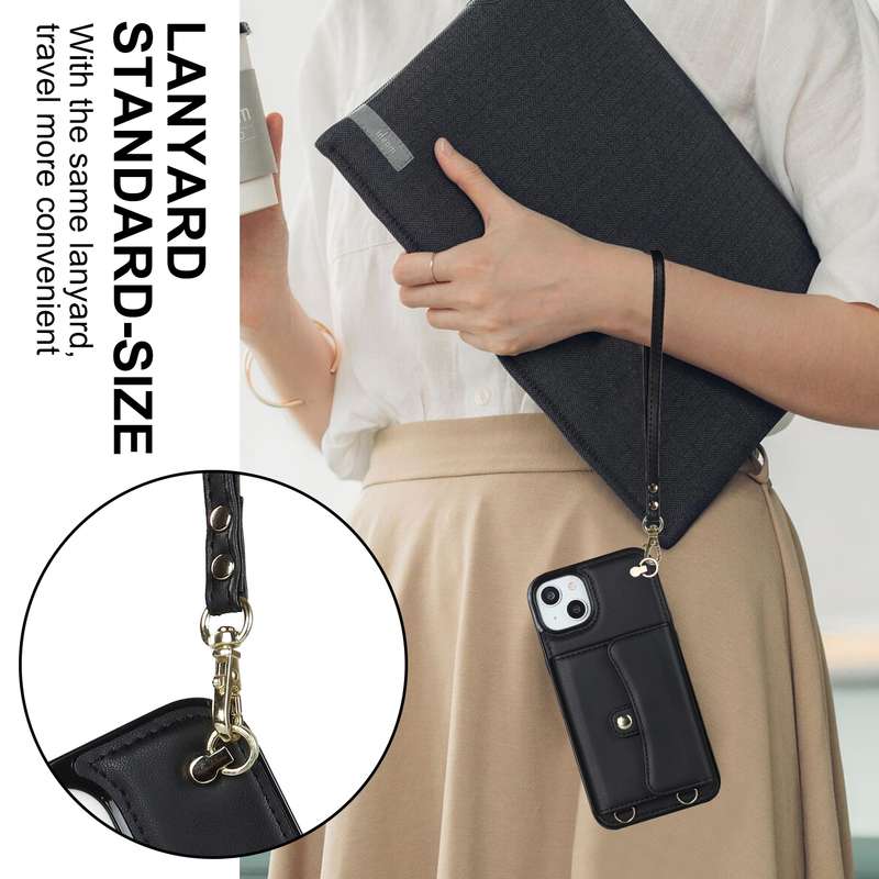 For iPhone 14 / 13 RFID Card Slot Phone Case with Long Lanyard(Rose Gold)
