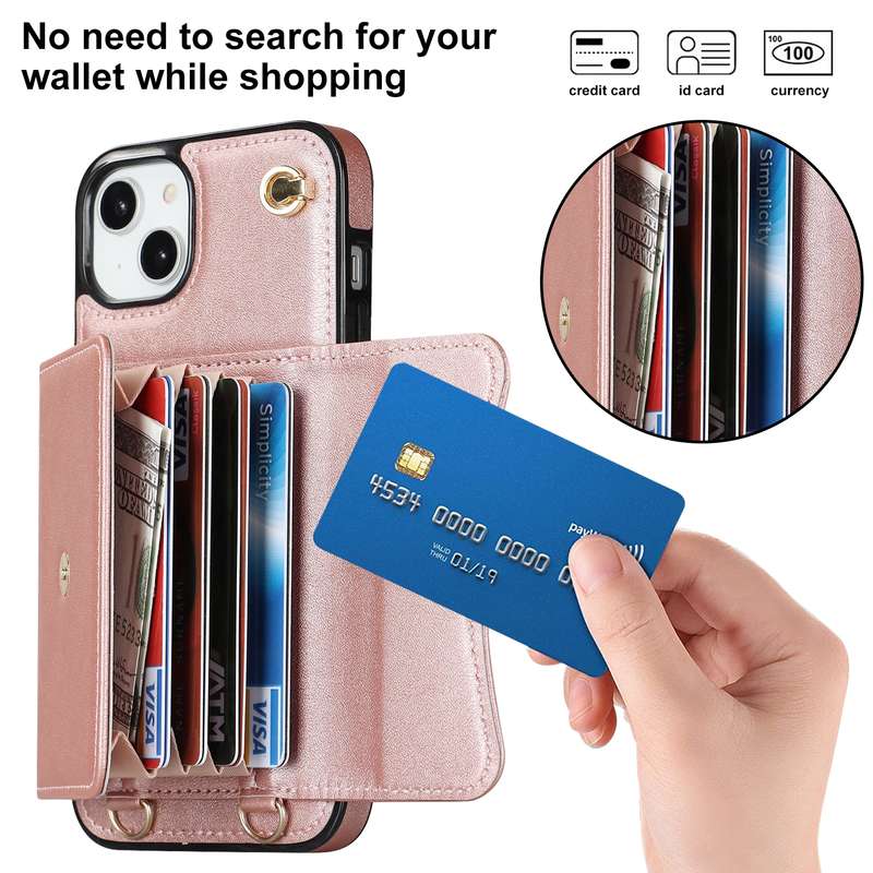 For iPhone 14 / 13 RFID Card Slot Phone Case with Long Lanyard(Rose Gold)