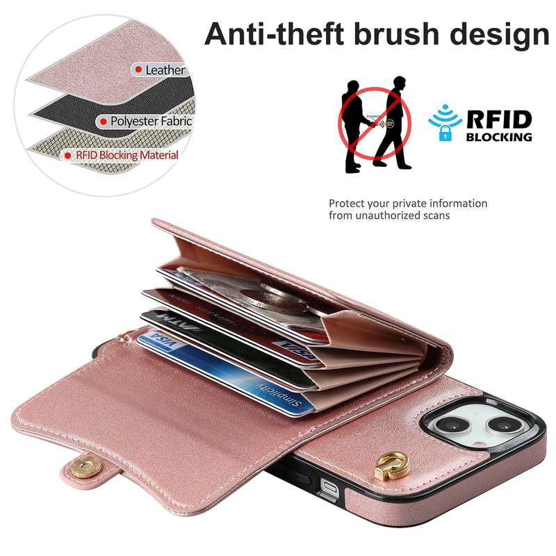 For iPhone 14 / 13 RFID Card Slot Phone Case with Long Lanyard(Rose Gold)