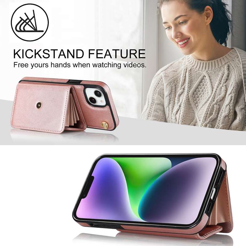 For iPhone 14 / 13 RFID Card Slot Phone Case with Long Lanyard(Rose Gold)
