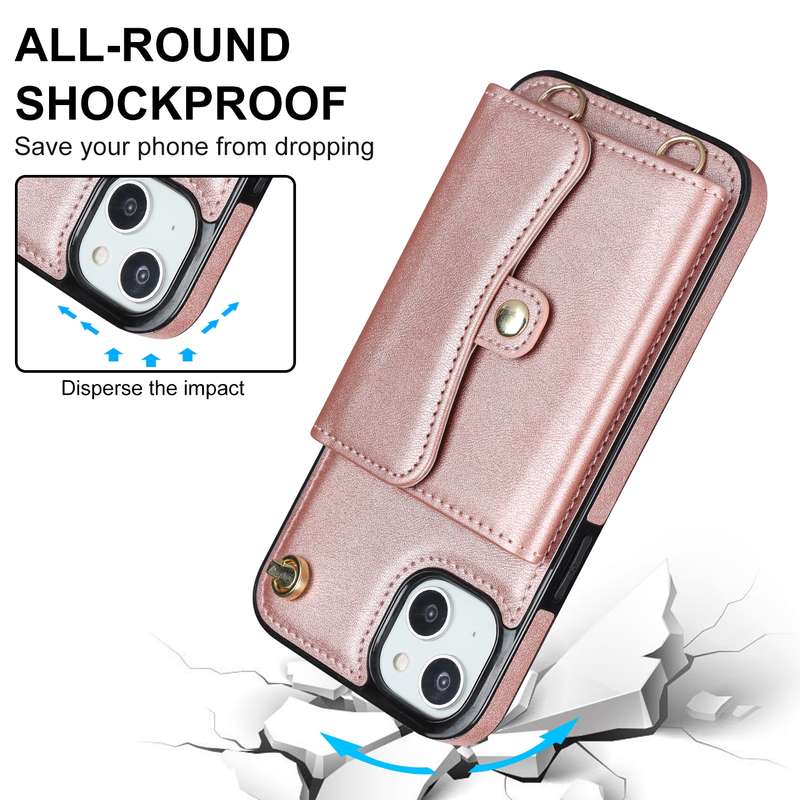 For iPhone 14 / 13 RFID Card Slot Phone Case with Long Lanyard(Rose Gold)