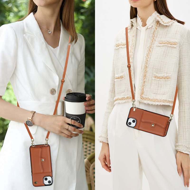 For iPhone 14 / 13 RFID Card Slot Phone Case with Long Lanyard(Rose Gold)