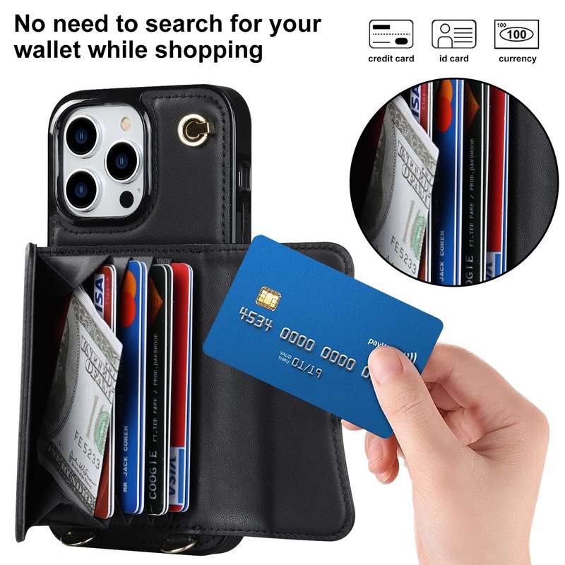 For iPhone 14 Pro Max RFID Card Slot Phone Case with Long Lanyard(Brown)