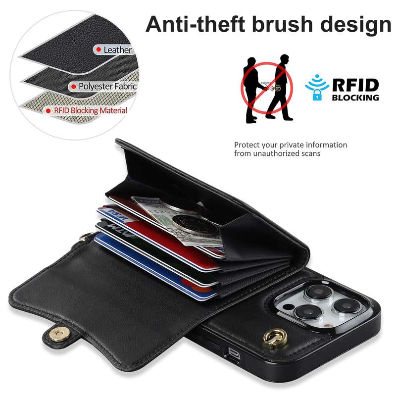 For iPhone 14 Pro Max RFID Card Slot Phone Case with Long Lanyard(Brown)