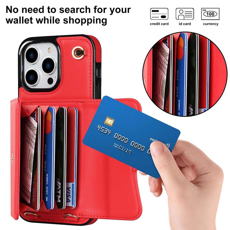 For iPhone 14 Pro Max RFID Card Slot Phone Case with Long Lanyard(Brown)