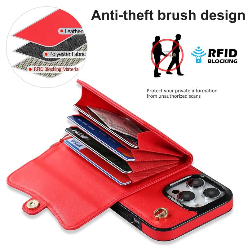 For iPhone 14 Pro Max RFID Card Slot Phone Case with Long Lanyard(Brown)