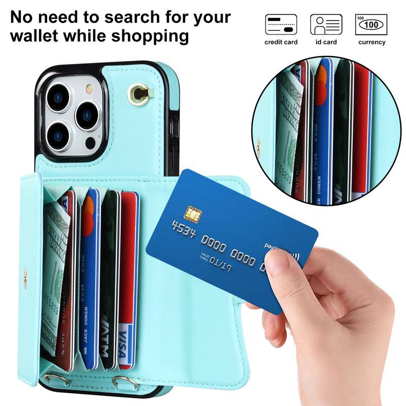 For iPhone 14 Pro Max RFID Card Slot Phone Case with Long Lanyard(Brown)