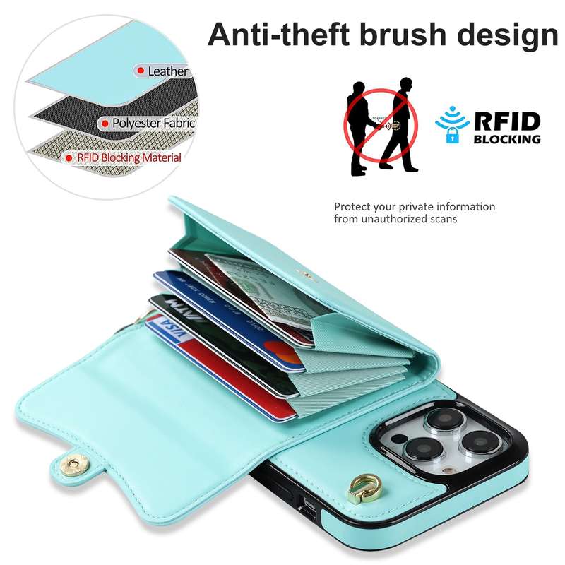 For iPhone 14 Pro Max RFID Card Slot Phone Case with Long Lanyard(Brown)