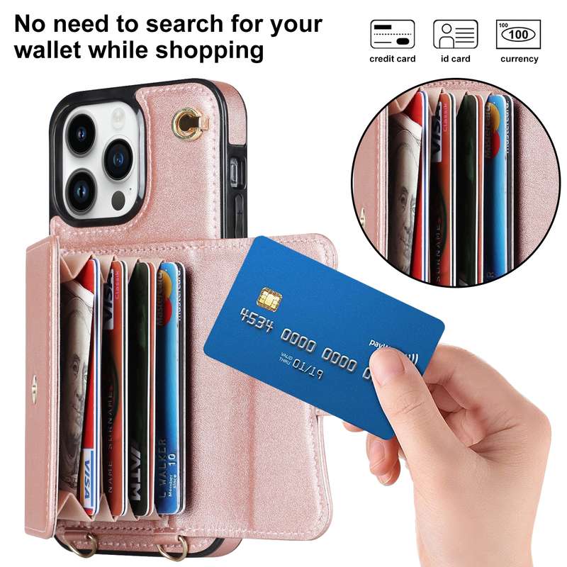 For iPhone 14 Pro Max RFID Card Slot Phone Case with Long Lanyard(Brown)