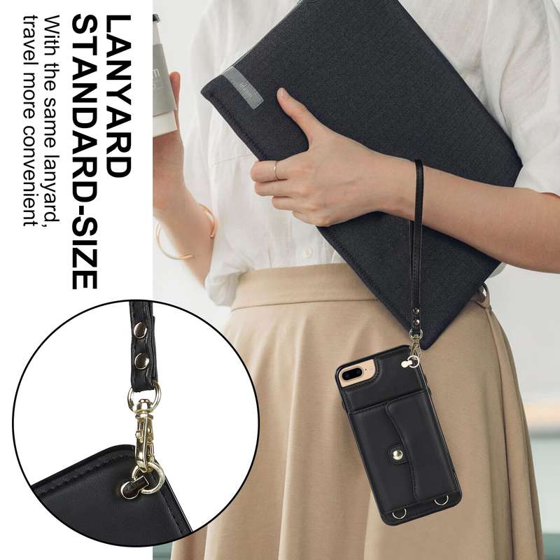 For iPhone 8 Plus / 7 Plus RFID Card Slot Phone Case with Long Lanyard(Rose Gold)