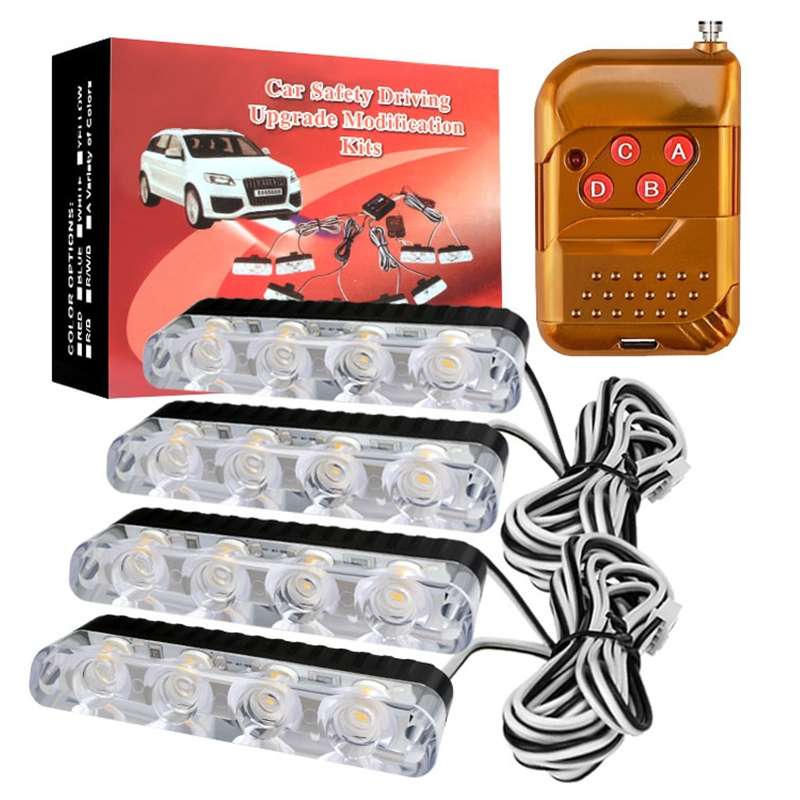 4 in 1 Car 16LEDs Grille Flash Lights Warning Lights with Wireless Remote Control(Red Blue)