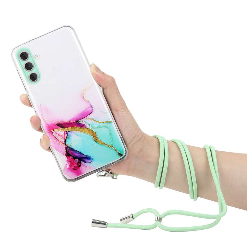 For Samsung Galaxy A54 5G Hollow Marble Pattern TPU Shockproof Phone Case with Neck Strap Rope(Yello