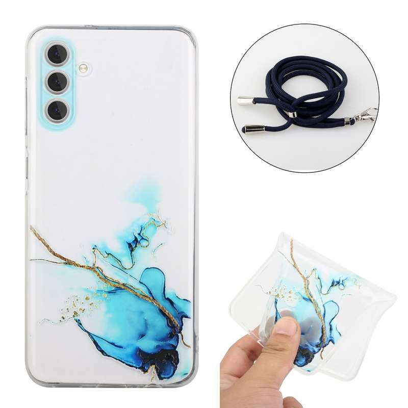 For Samsung Galaxy A54 5G Hollow Marble Pattern TPU Shockproof Phone Case with Neck Strap Rope(Yello