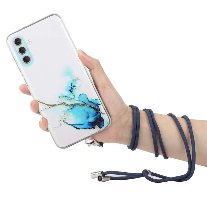For Samsung Galaxy A54 5G Hollow Marble Pattern TPU Shockproof Phone Case with Neck Strap Rope(Yello
