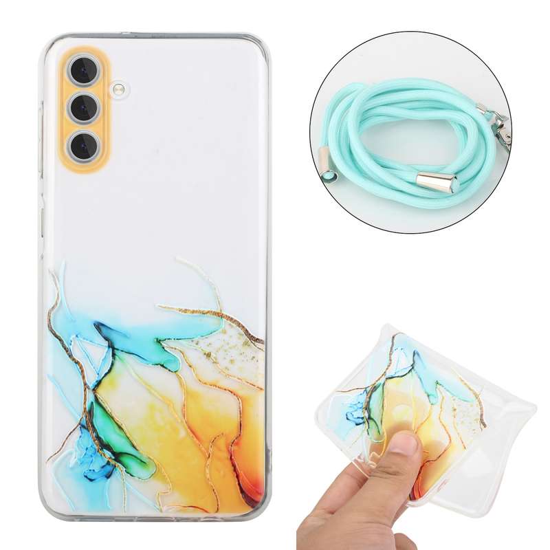 For Samsung Galaxy A54 5G Hollow Marble Pattern TPU Shockproof Phone Case with Neck Strap Rope(Yello